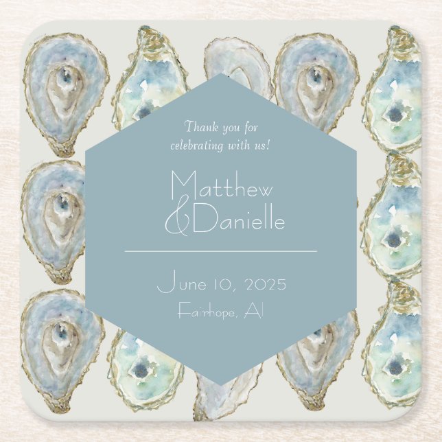 Watercolor Oysters Wedding- Dusty Blue Square Paper Coaster (Front)