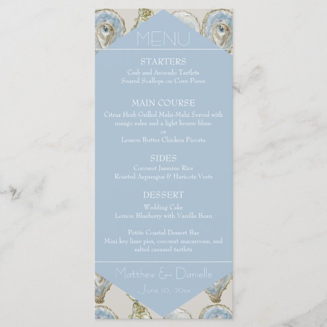 Watercolor Oysters Wedding- Light Blue Flat Menu (Front)