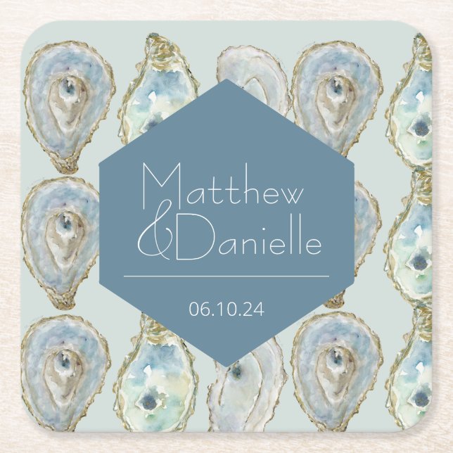 Watercolor Oysters Wedding  Square Paper Coaster (Front)