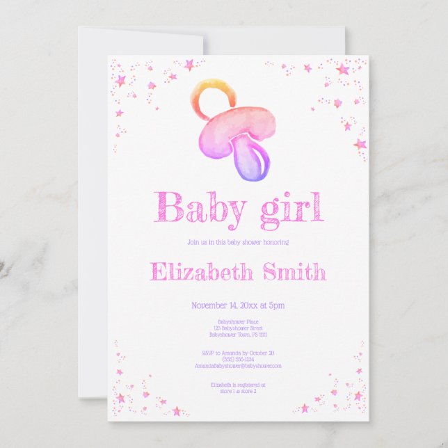 Watercolor pacifier baby shower pacifier invitation (Front)