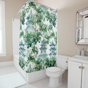 Watercolor Pagodas Olive Forest Asian Landscape Shower Curtain