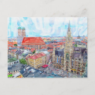  Watercolor paint munich Marienplatz. Aerial. Postcard