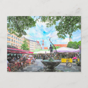 Watercolor paint of Munich Viktualienmarkt. Postcard