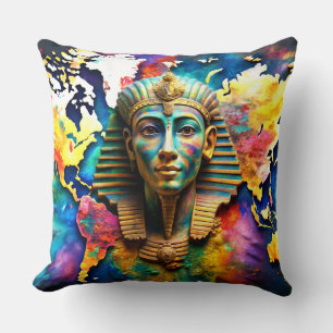 Watercolor Paint & Pharoah World Map Throw Pillows