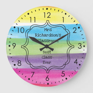 Watercolor Paint Rainbow Teacher Large Clock