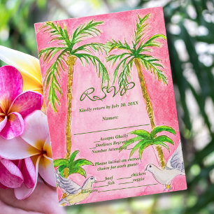 Watercolor Paint Tropical Lovebirds Pink RSVP Card