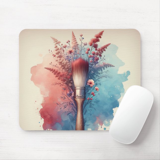 Watercolor Paintbrush With Floral Bouquet Mouse Mat (With Mouse)