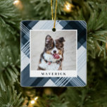 Watercolor Painted Blue Plaid Pet Photo Christmas Ceramic Ornament<br><div class="desc">Celebrate your furry family member with these stylish photo Christmas ornaments. They feature a hand painted diagonal plaid design in the background,  along with photo and text templates for simple personalization! The back contains the same plaid design,  as well as a text template for the year.</div>