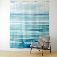 Watercolor Painted Blue Water Ocean Sky Scene