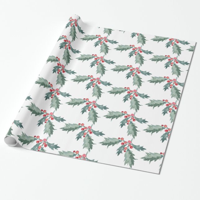 Watercolor Painted Christmas Holly Wrapping Paper (Unrolled)