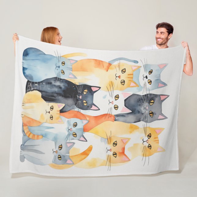 Watercolor Painted Colourful Cat Collage Fleece Blanket (In Situ)