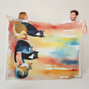 Watercolor Painted Colourful Cat Collage Fleece Blanket