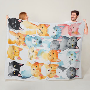 Watercolor Painted Colourful Cat Collage Fleece Blanket