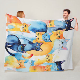 Watercolor Painted Colourful Cat Collage Fleece Blanket