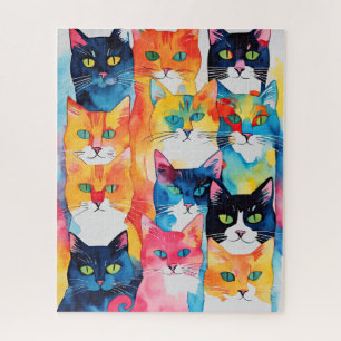 Watercolor Painted Colourful Cat Collage Jigsaw Puzzle