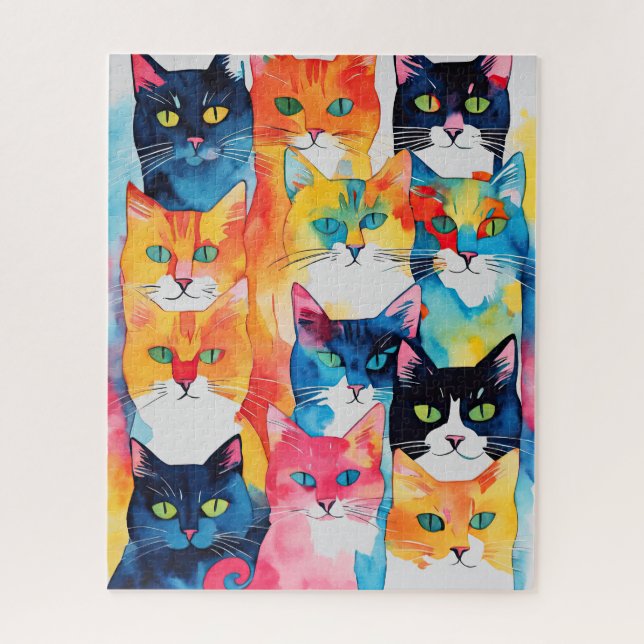 Watercolor Painted Colourful Cat Collage Jigsaw Puzzle (Vertical)