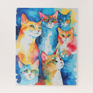 Watercolor Painted Colourful Cat Collage Jigsaw Puzzle