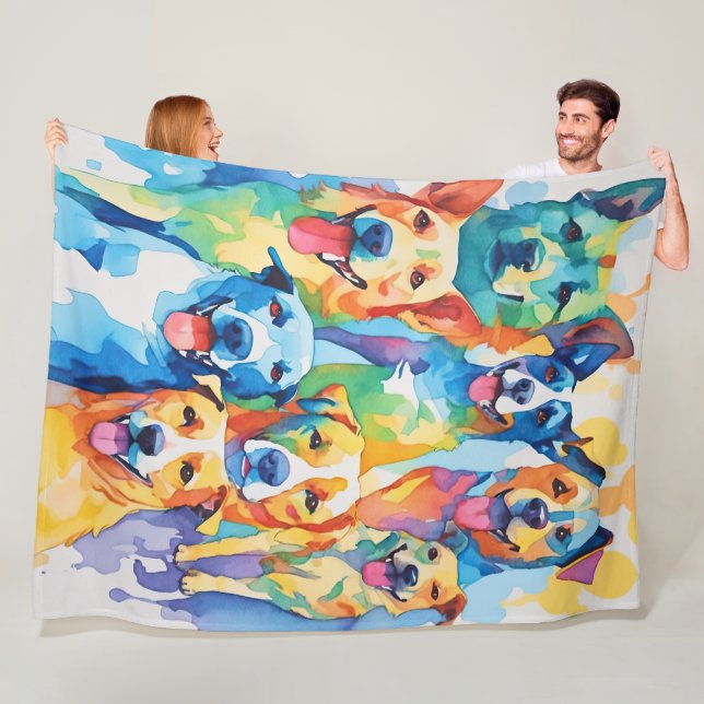 Watercolor Painted Colourful Dog Collage Fleece Blanket (In Situ)