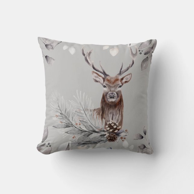 Watercolor Painted Deer Buck Winter Scene Nature Cushion (Front)