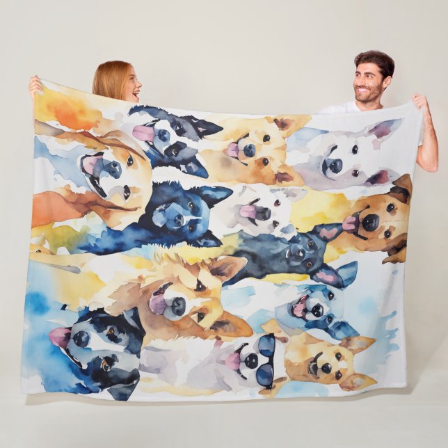 Watercolor Painted Dog Collage Fleece Blanket (In Situ)