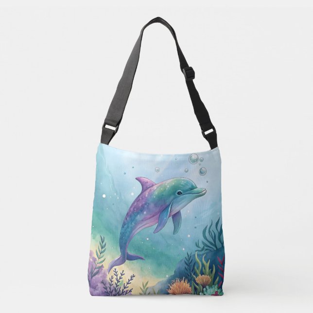 Watercolor painted dolphin crossbody bag (Front)