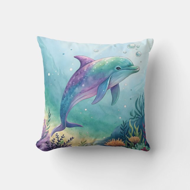 Watercolor painted dolphin cushion (Front)