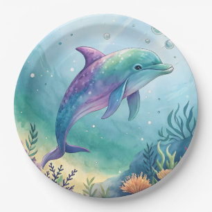 Watercolor painted dolphin paper plate