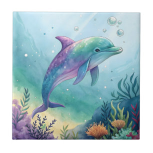 Watercolor painted dolphin tile