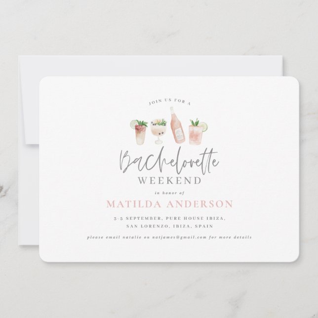 watercolor painted drinks bachelorette weekend announcement (Front)