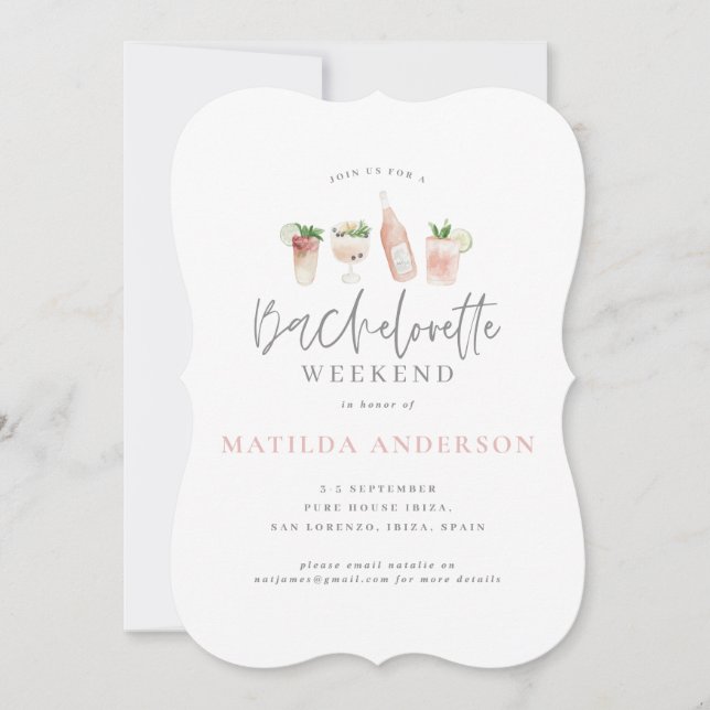 watercolor painted drinks bachelorette weekend announcement (Front)