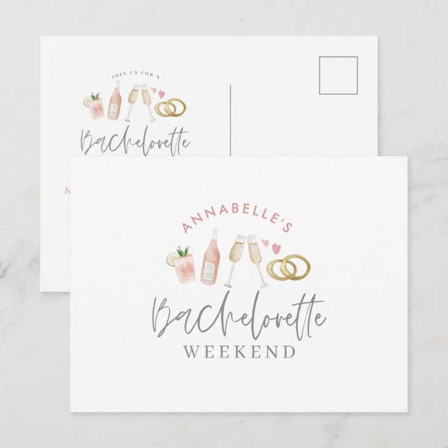 watercolor painted drinks bachelorette weekend inv invitation postcard (Front/Back)