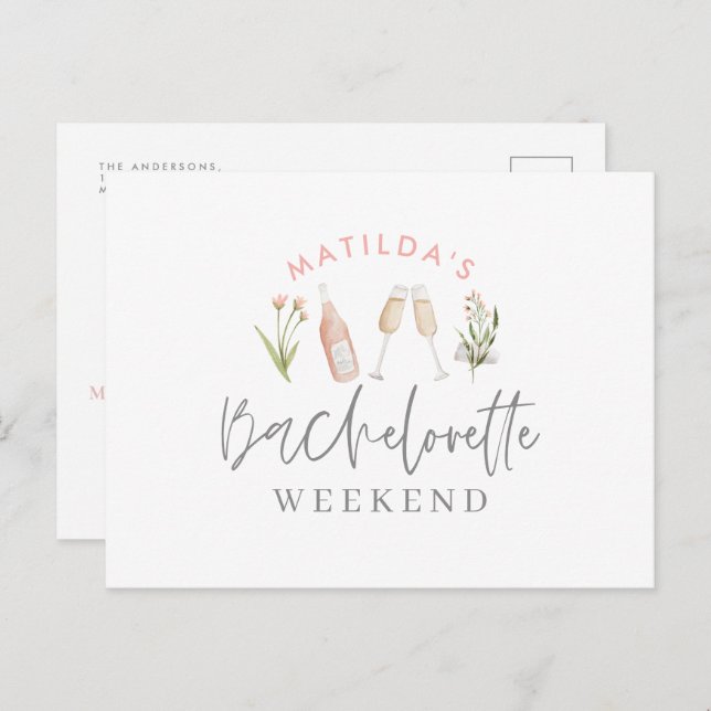 watercolor painted drinks bachelorette weekend inv invitation postcard (Front/Back)