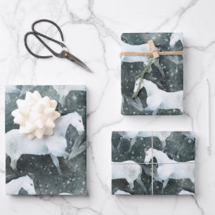 Watercolor Painted Elegant Snowy White Horses Wrapping Paper Sheet