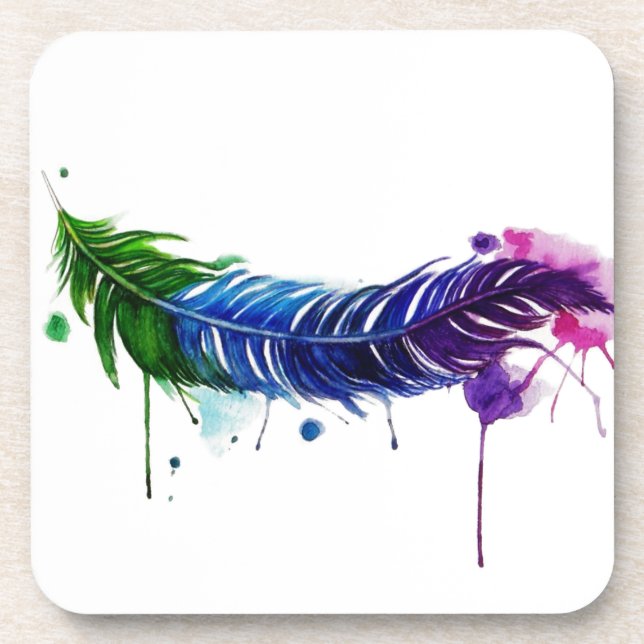 Watercolor Painted Feather Coaster (Front)