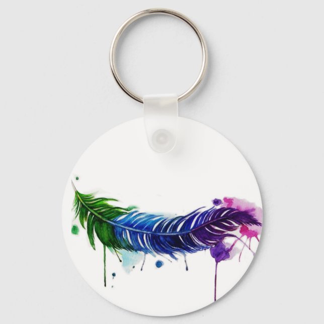 Watercolor Painted Feather Key Ring (Front)