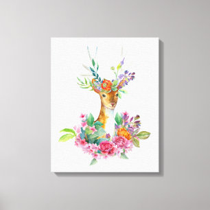 Watercolor Painted Floral Baby Deer Baby Nursery Canvas Print