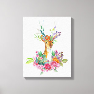 Watercolor Painted Floral Baby Deer Baby Nursery Canvas Print