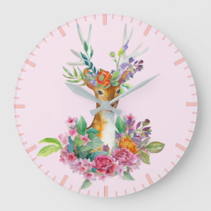 Watercolor Painted Floral Baby Deer Baby Nursery Large Clock