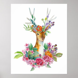 Watercolor Painted Floral Baby Deer Baby Nursery Poster