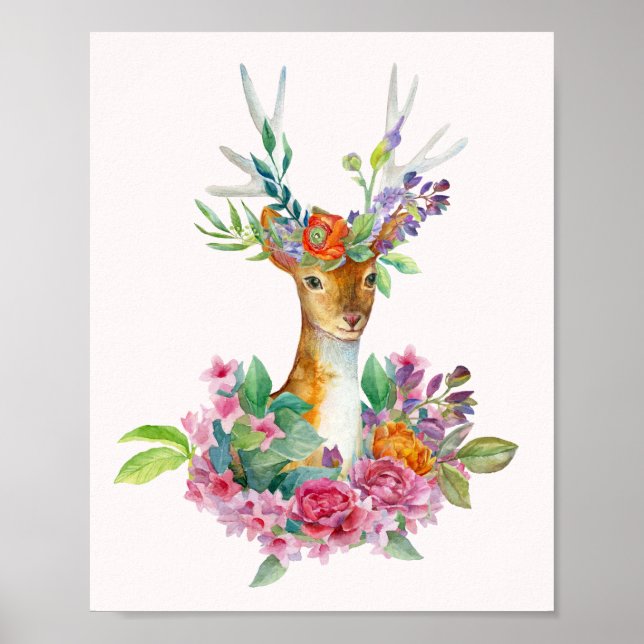 Watercolor Painted Floral Baby Deer Baby Nursery Poster (Front)