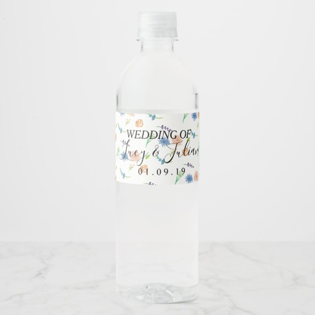 Watercolor Painted Florals Wildflowers Wedding  Water Bottle Label (Front)