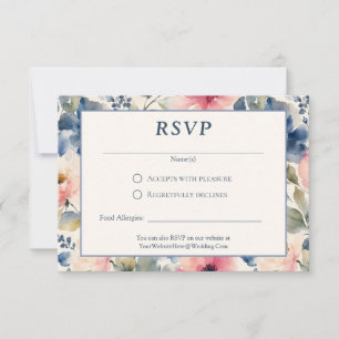 Watercolor Painted Flowers Pink Blue Green Wedding RSVP Card