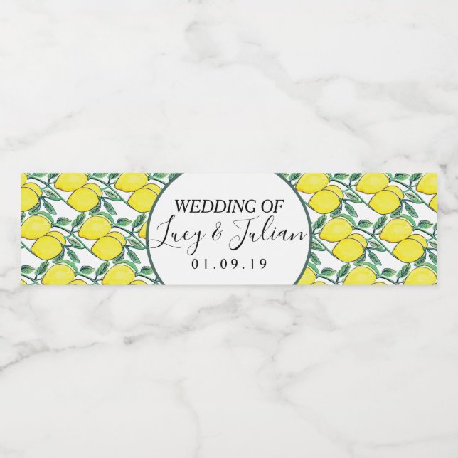 Watercolor Painted Lemon Greenery Wedding   Water Bottle Label (Single Label)