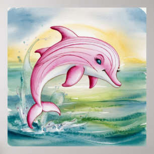 Watercolor painted pink dolphin poster