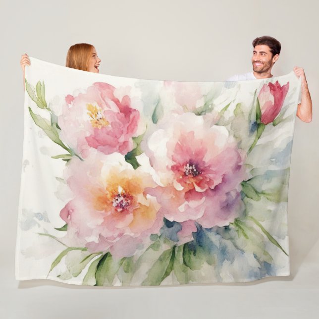 Watercolor Painted Pink Flowers Fleece Blanket (In Situ)