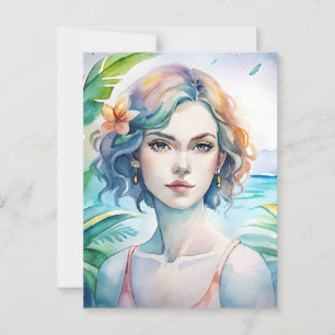 Watercolor painted pretty woman postcard