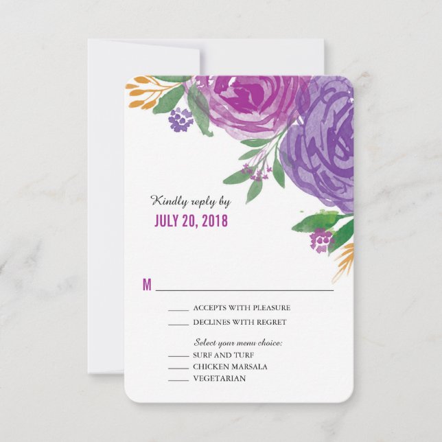 Watercolor Painted Purple Blooms | RSVP Card (Front)