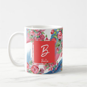 Watercolor Painted Red Flowers Monogram Girl Coffee Mug