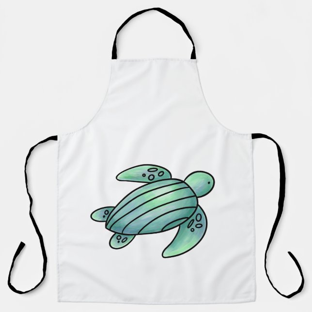 watercolor painted sea turtle cartoon blue green  apron (Front)
