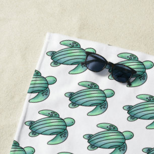 watercolor painted sea turtle cartoon blue green  beach towel
